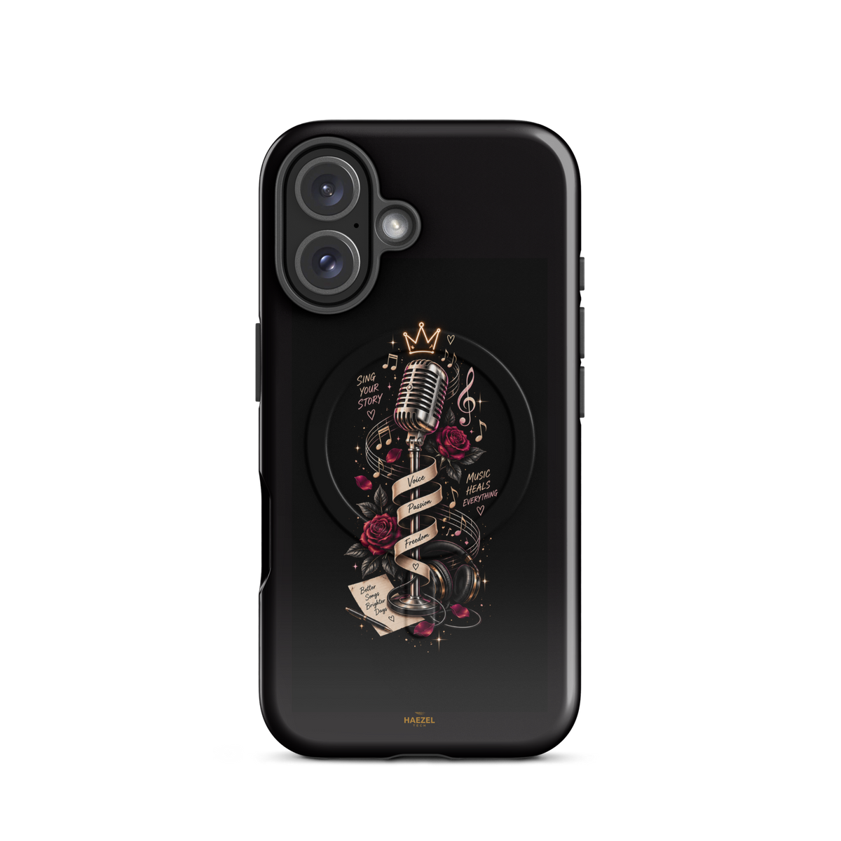 The Showstopper iPhone Case, crowned vintage microphone and red roses on black. Haezel Tech Rhythm Series, view 9