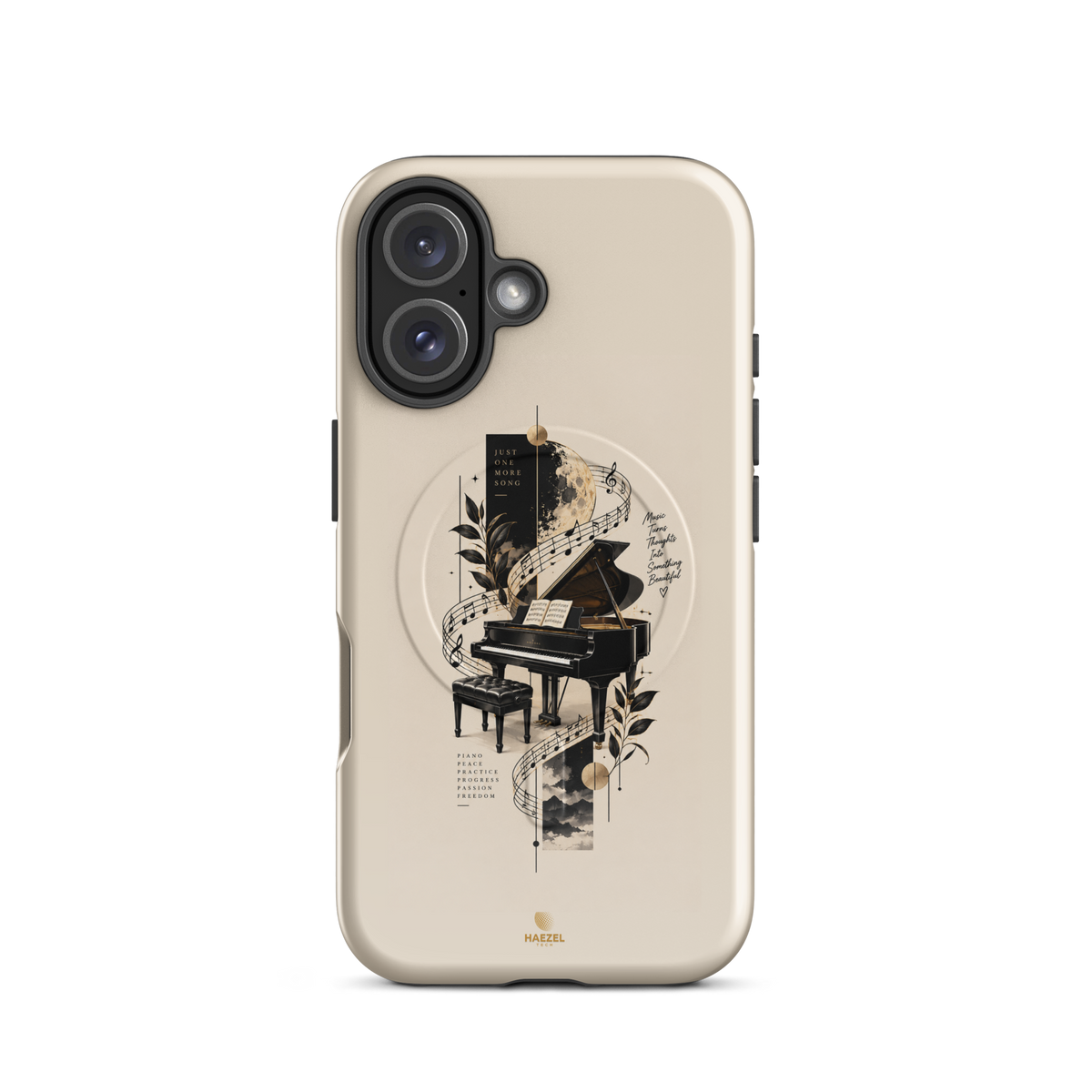 The Recital iPhone Case, grand piano and sheet music under a full moon on ivory. Haezel Tech Rhythm Series, view 9