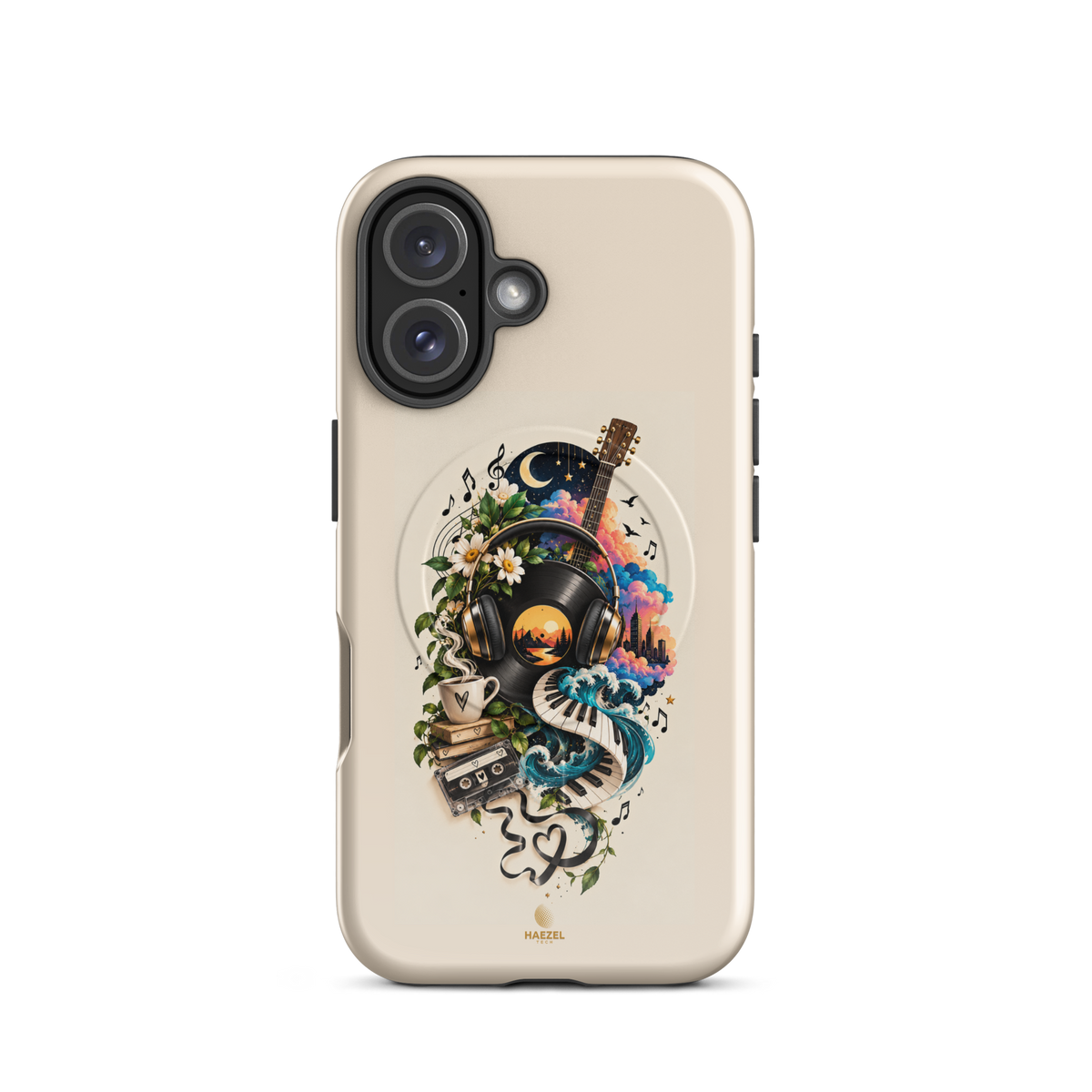 The Playlist iPhone Case, vinyl, headphones, guitar and cassette collage on ivory. Haezel Tech Rhythm Series, view 9