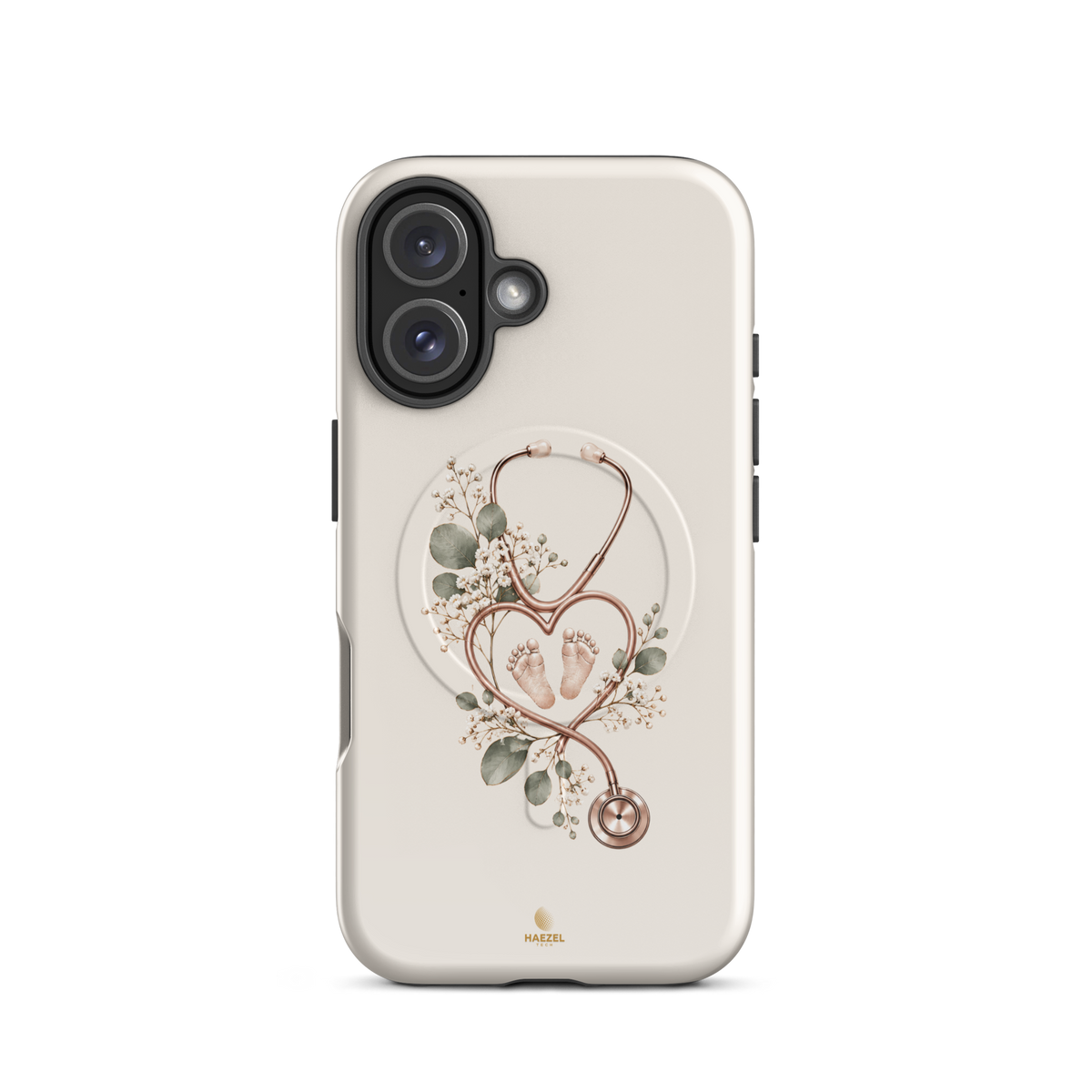 The Midwife Ivory iPhone Case, stethoscope heart with tiny baby feet on ivory. Haezel Tech Healer Series, view 9