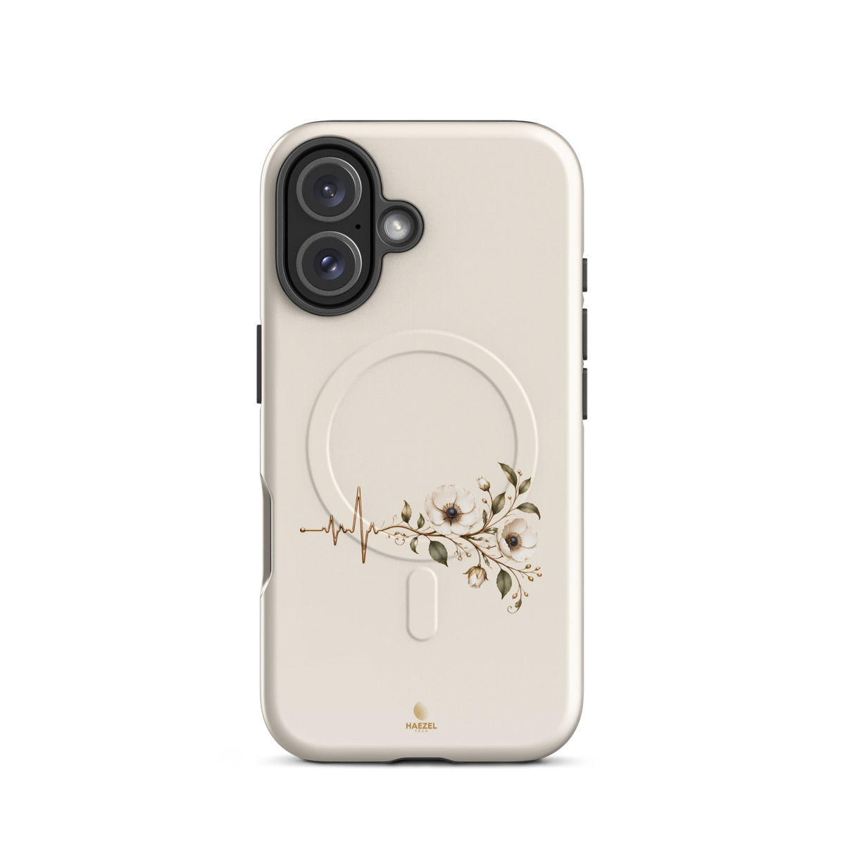 The Heartbeat iPhone Case, gold heartbeat line flowing into flowers on ivory. Haezel Tech Healer Series, view 9
