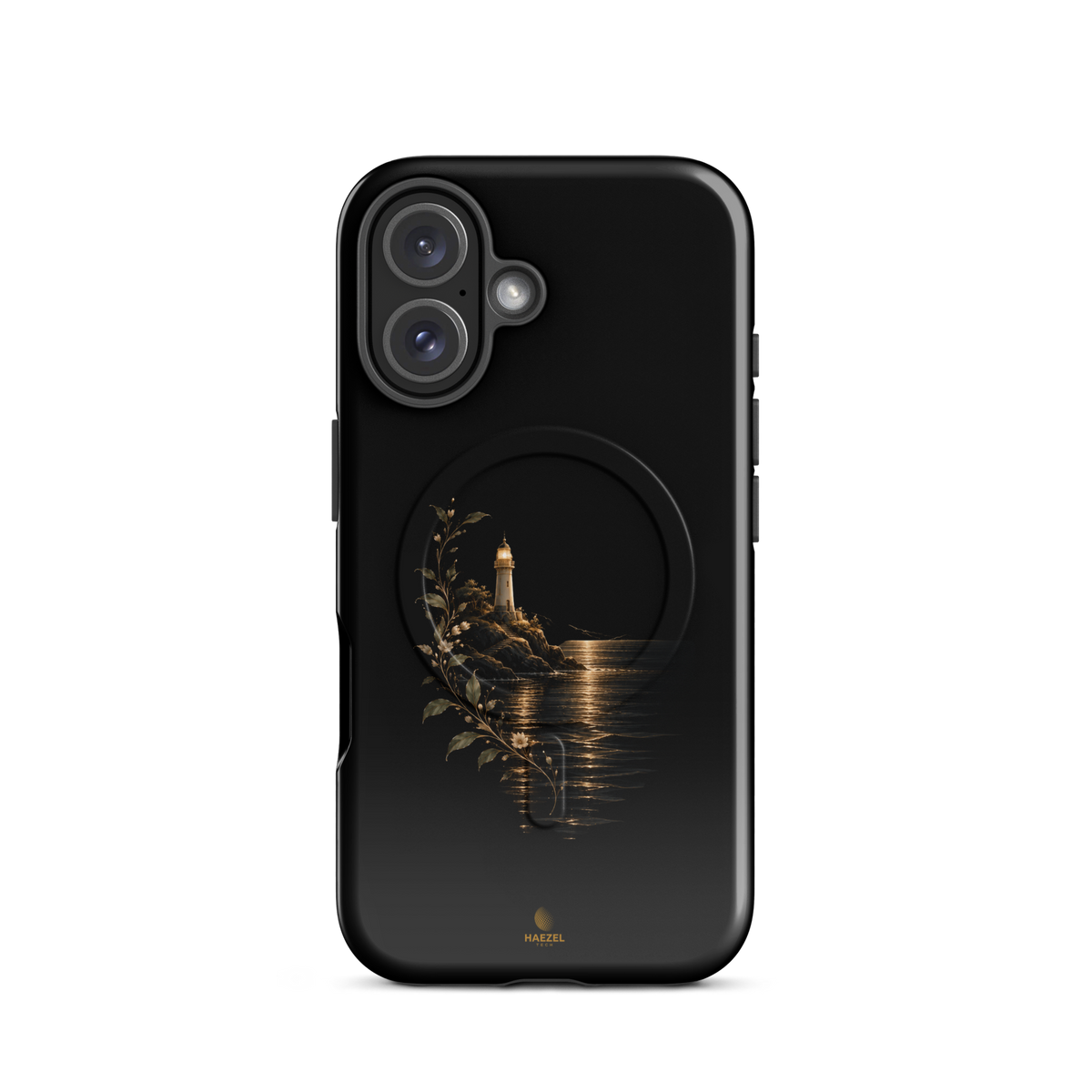 The Lighthouse iPhone Case, lighthouse glowing over still water with gold flowers on black. Haezel Tech Healer Series, view 9