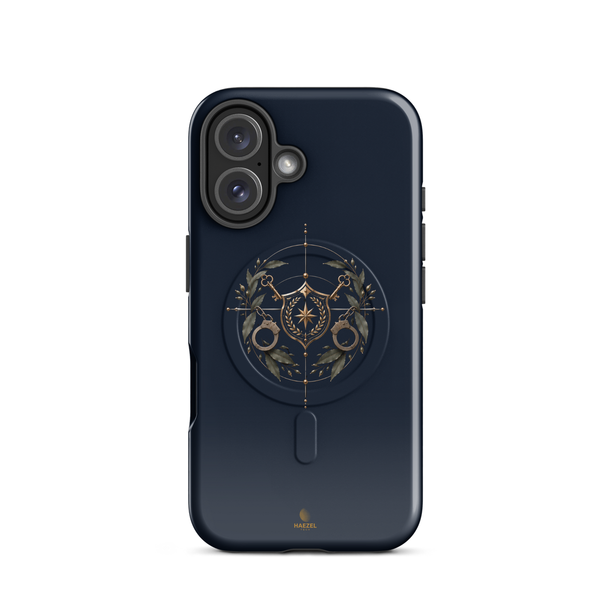 The Watch iPhone Case, gold shield with crossed keys and laurel wreath on navy. Haezel Tech Guardian Series, view 9