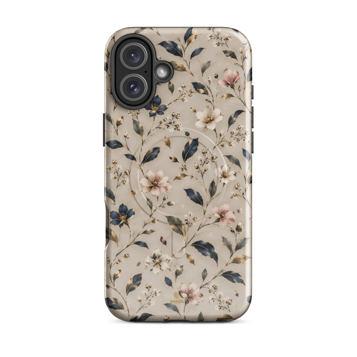 The Blossom iPhone Case by Haezel Tech — delicate pink and white blossom on ivory with navy leaves