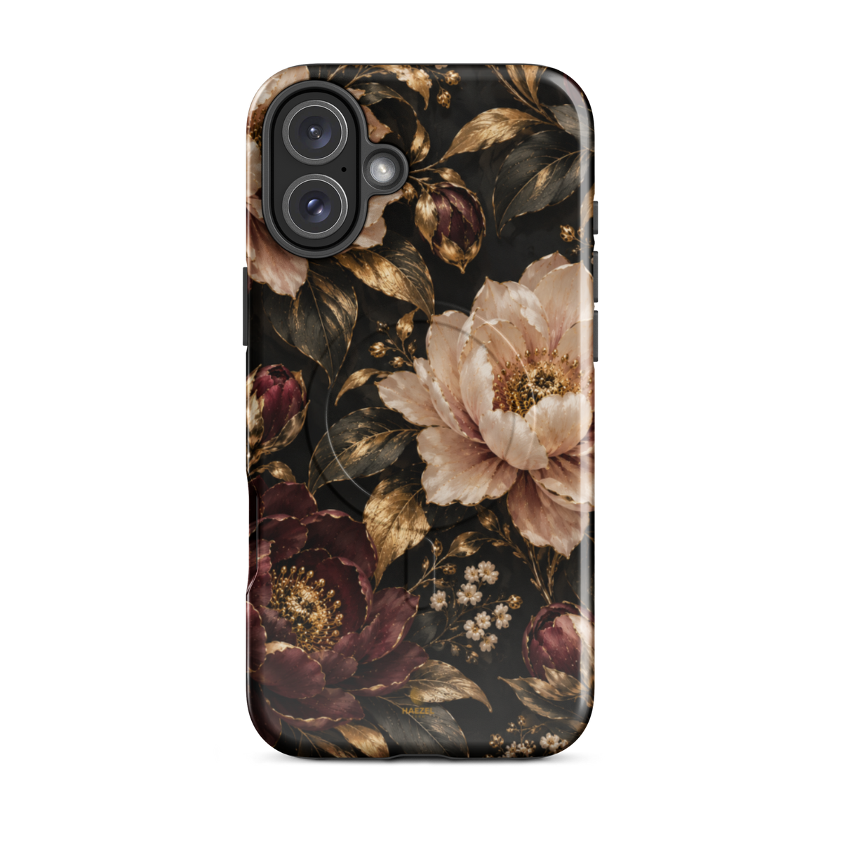 The Peony iPhone Case by Haezel Tech — blush and burgundy peonies with gold foliage on black