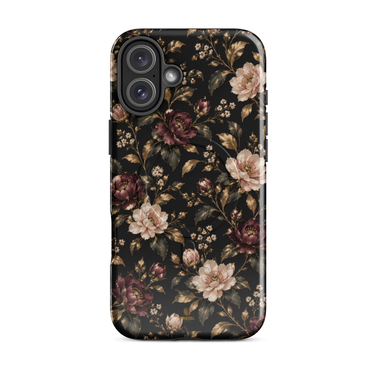The Rosewood iPhone Case by Haezel Tech — dusky rose and burgundy florals with gold leaves on black
