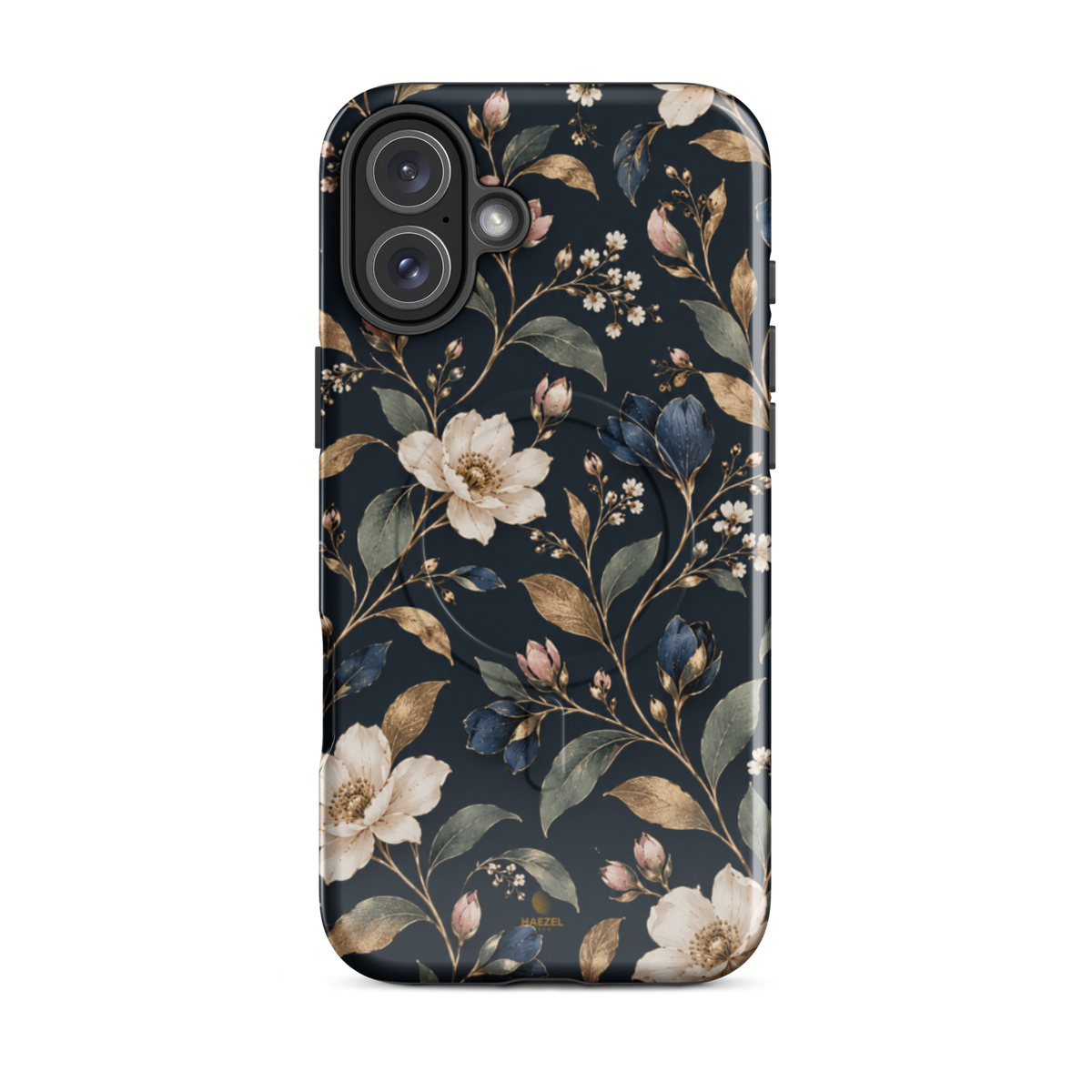 The Camellia iPhone Case by Haezel Tech — ivory camellias and gold leaves on deep navy