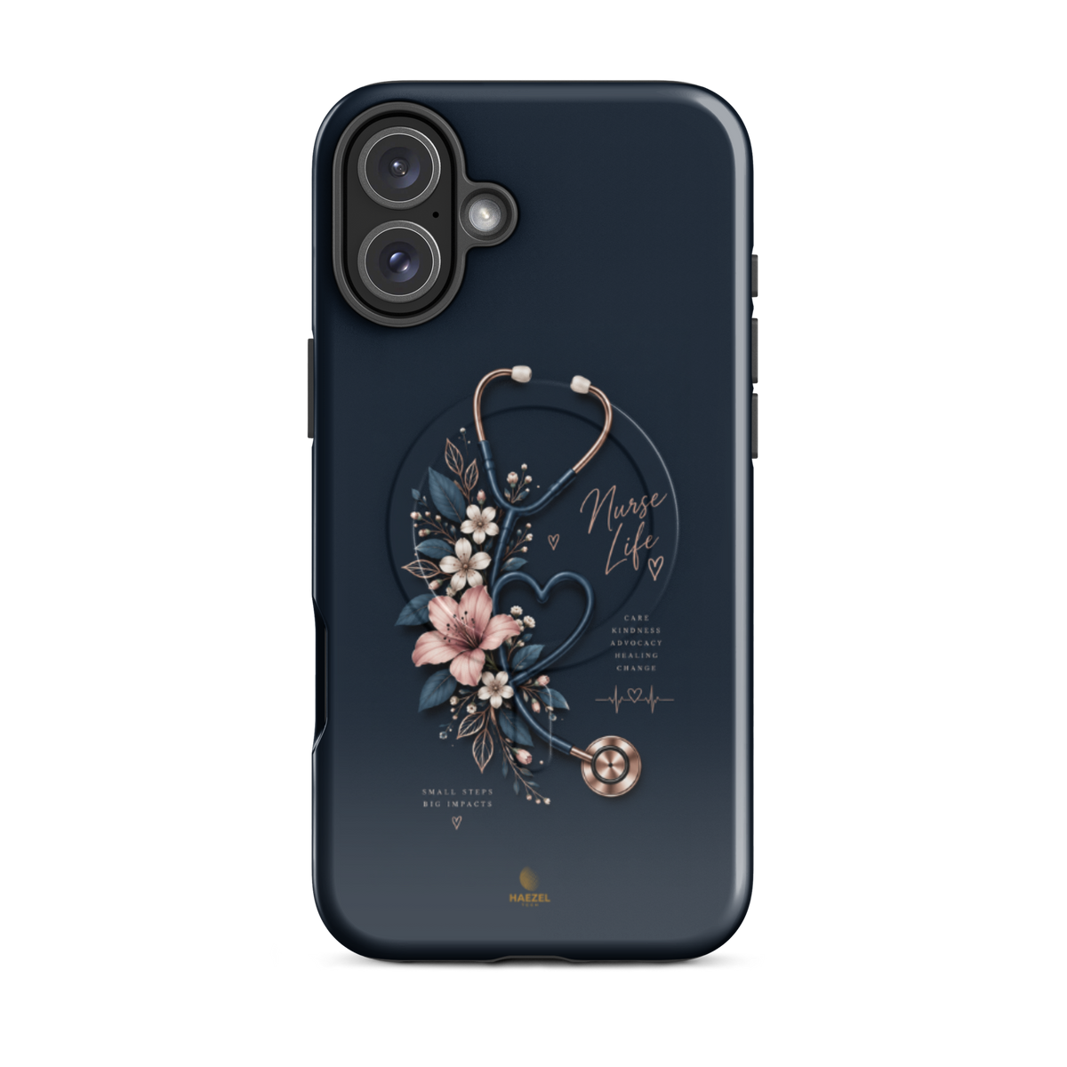 The Pledge iPhone case - rose-gold stethoscope, lilies and heartbeat on navy. Haezel Tech Healer Series.