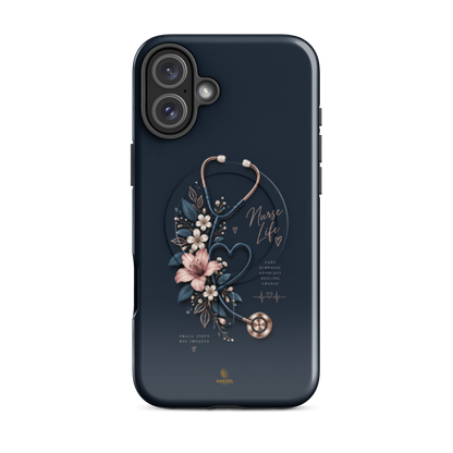 The Pledge iPhone Case, rose-gold stethoscope and lilies on navy. Haezel Tech Healer Series, view 10