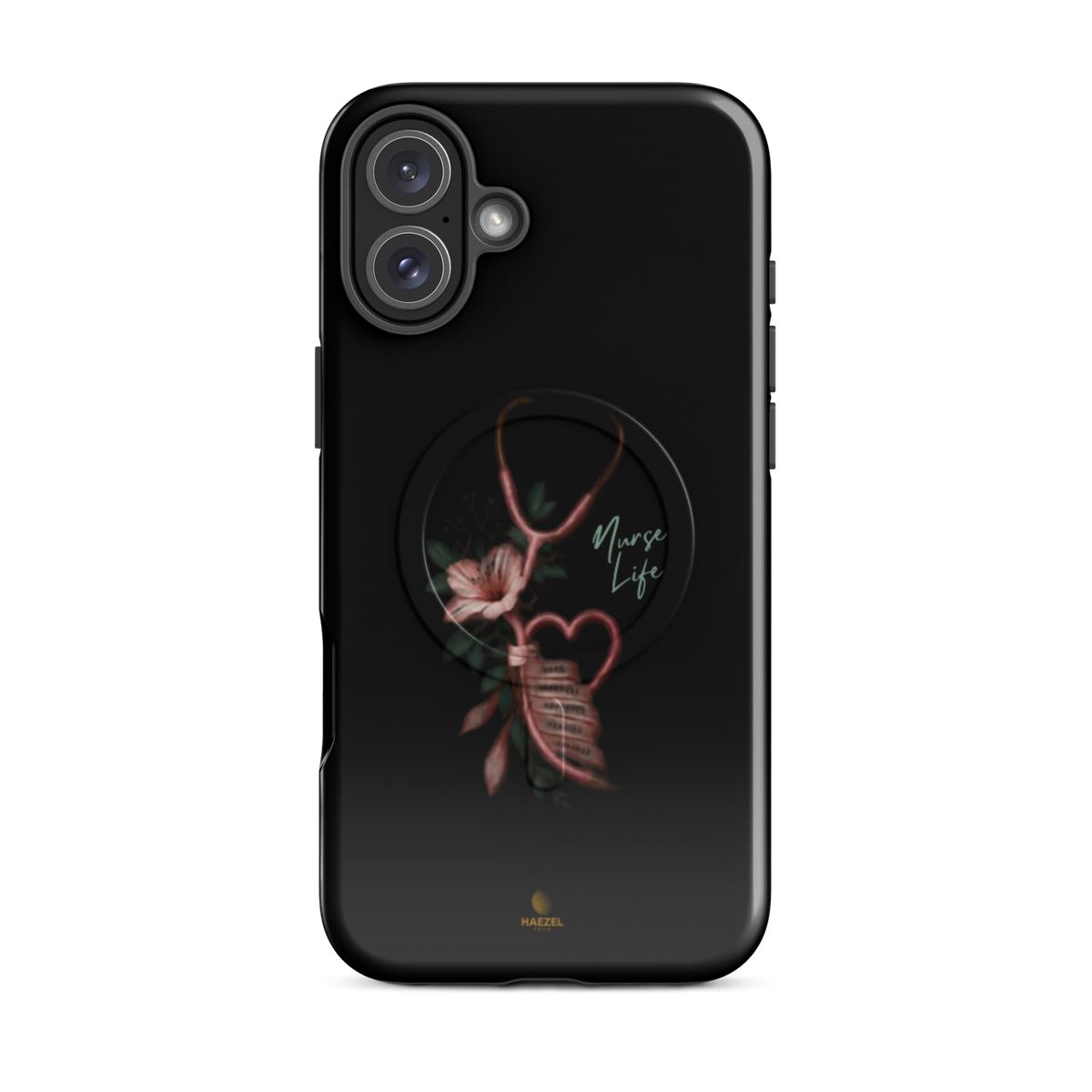 The Devotion Onyx iPhone case - rose stethoscope heart and lilies on black. Haezel Tech Healer Series.