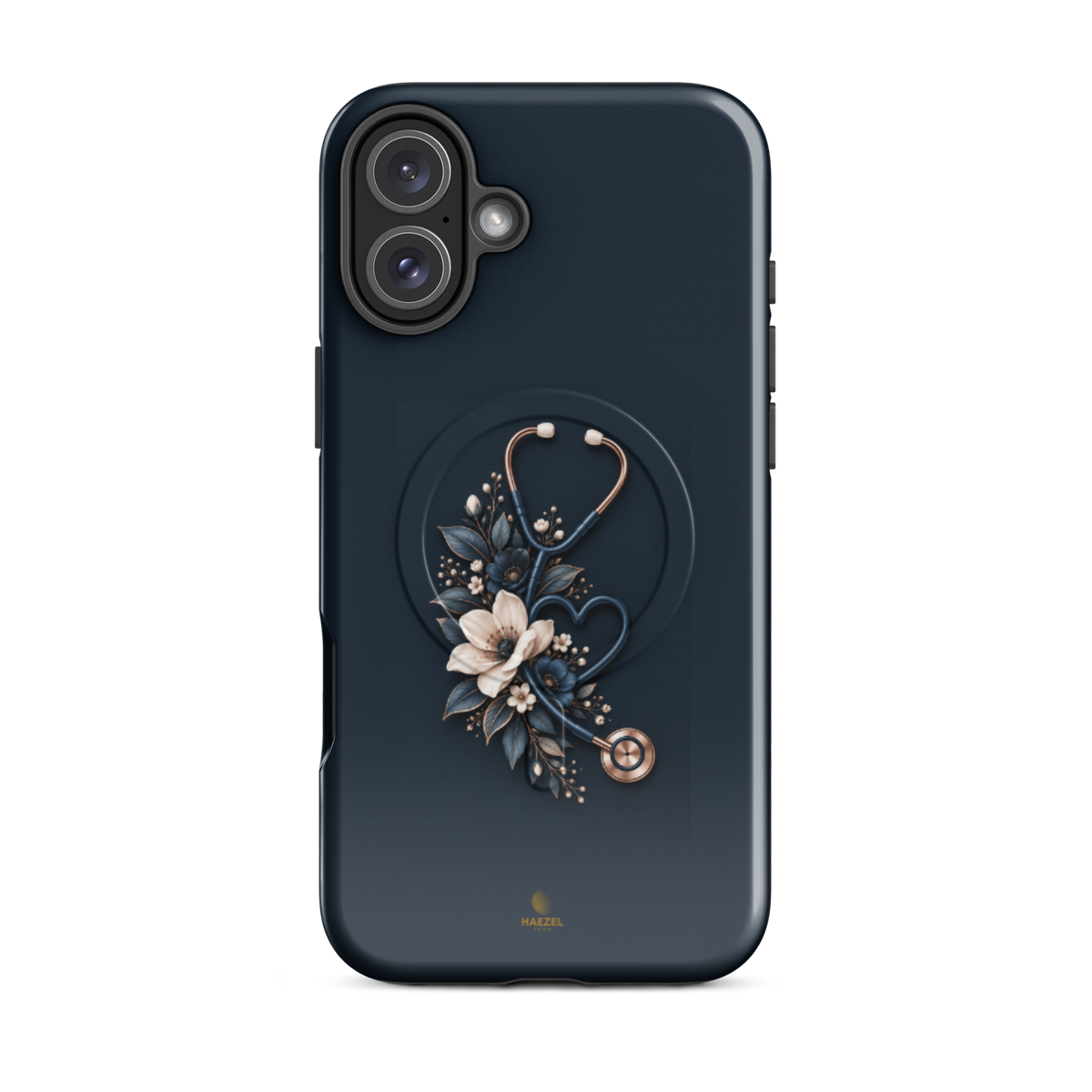 The Grace iPhone case - cream anemones and rose-gold stethoscope on navy. Haezel Tech Healer Series.