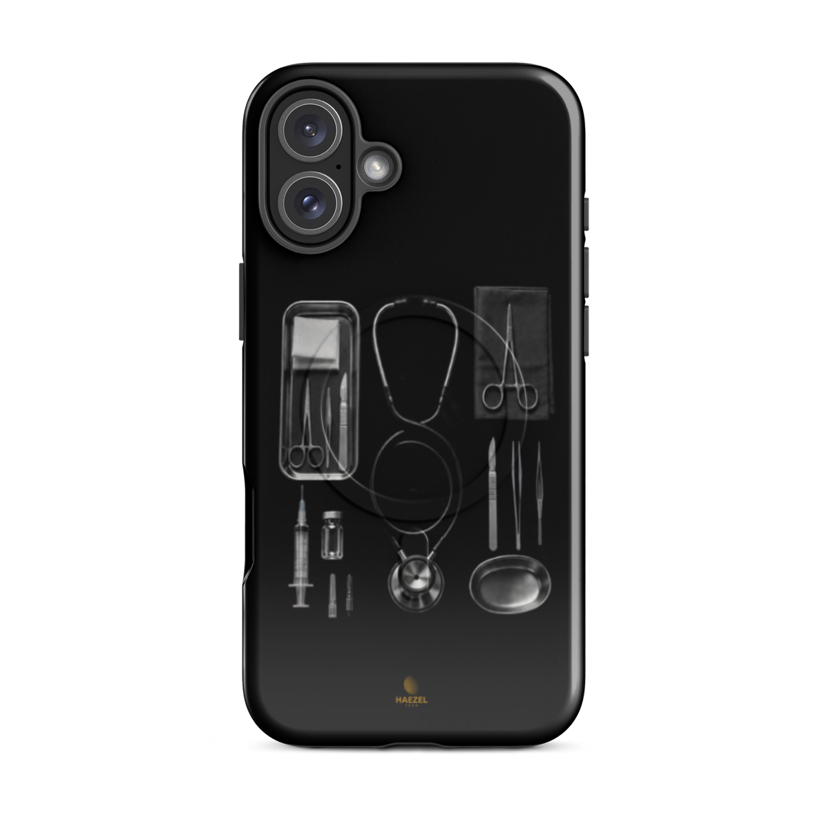 The Theatre iPhone case - silver surgical instrument tray on black. Haezel Tech Healer Series.