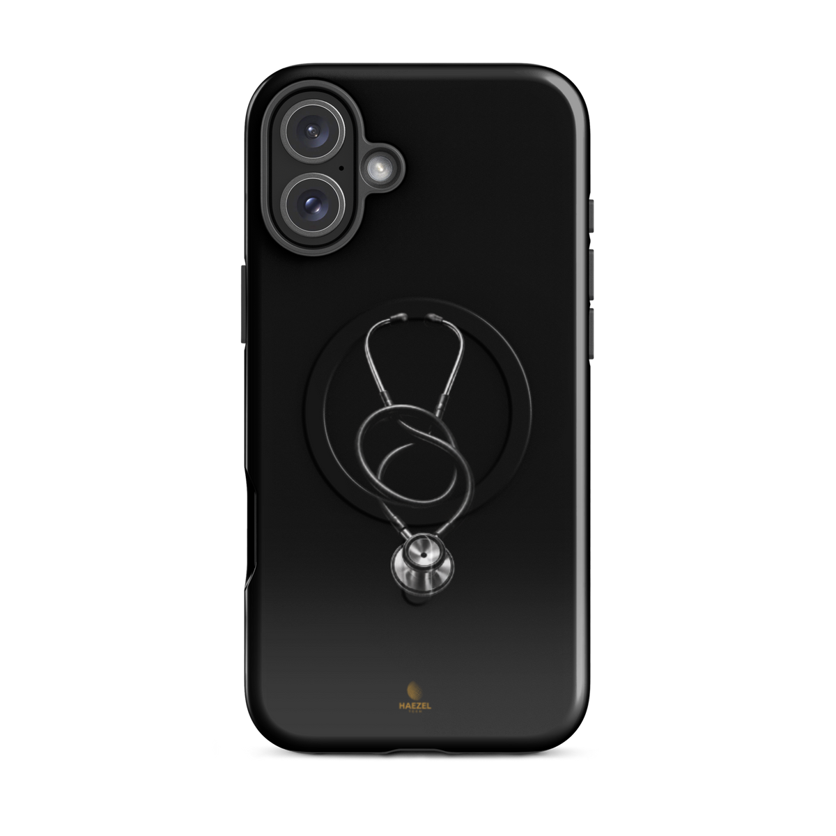 The Oath iPhone case - single silver stethoscope on black. Haezel Tech Healer Series.