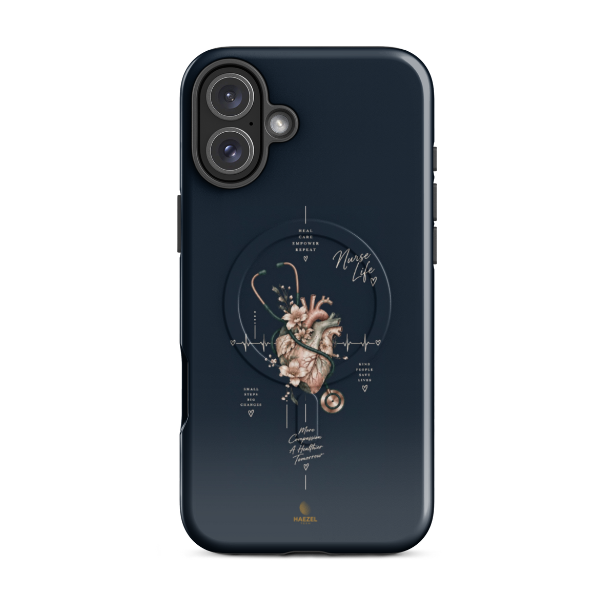 The Pulse iPhone case - anatomical heart in bloom with ECG line on navy. Haezel Tech Healer Series.