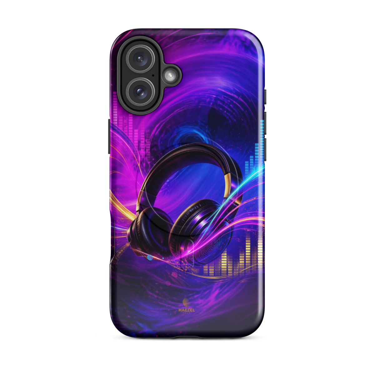 The Frequency iPhone Case, studio headphones on a neon equaliser swirl. Haezel Tech Rhythm Series, view 10