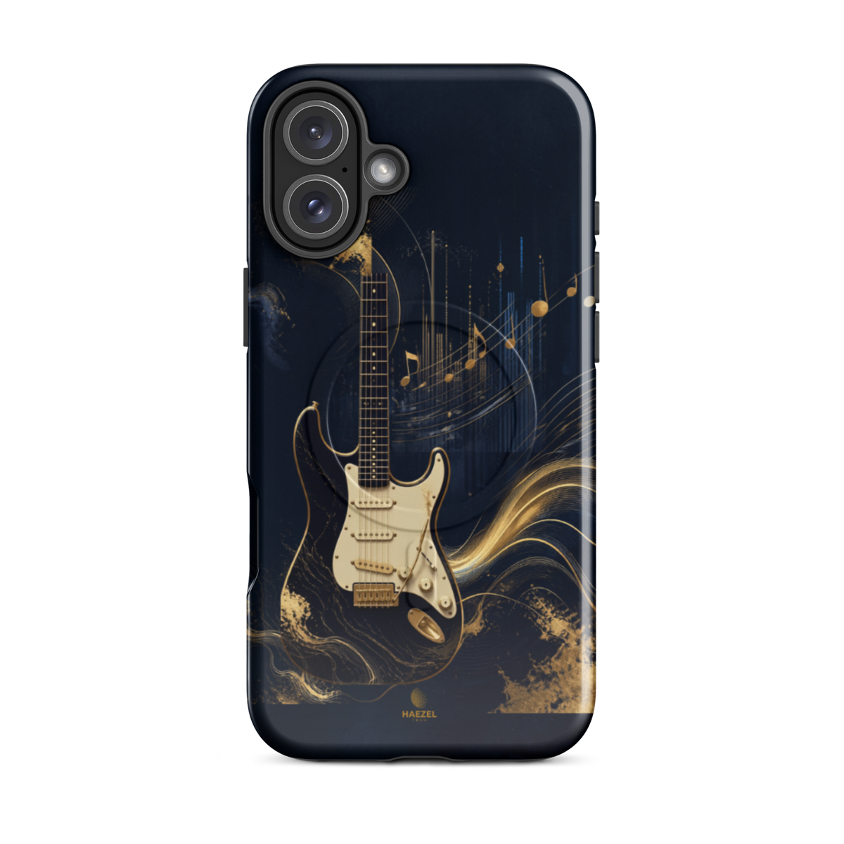 The Headliner iPhone Case, cream and gold electric guitar on navy. Haezel Tech Rhythm Series, view 10
