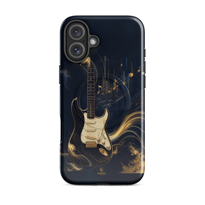 The Headliner iPhone Case, cream and gold electric guitar on navy. Haezel Tech Rhythm Series, view 10