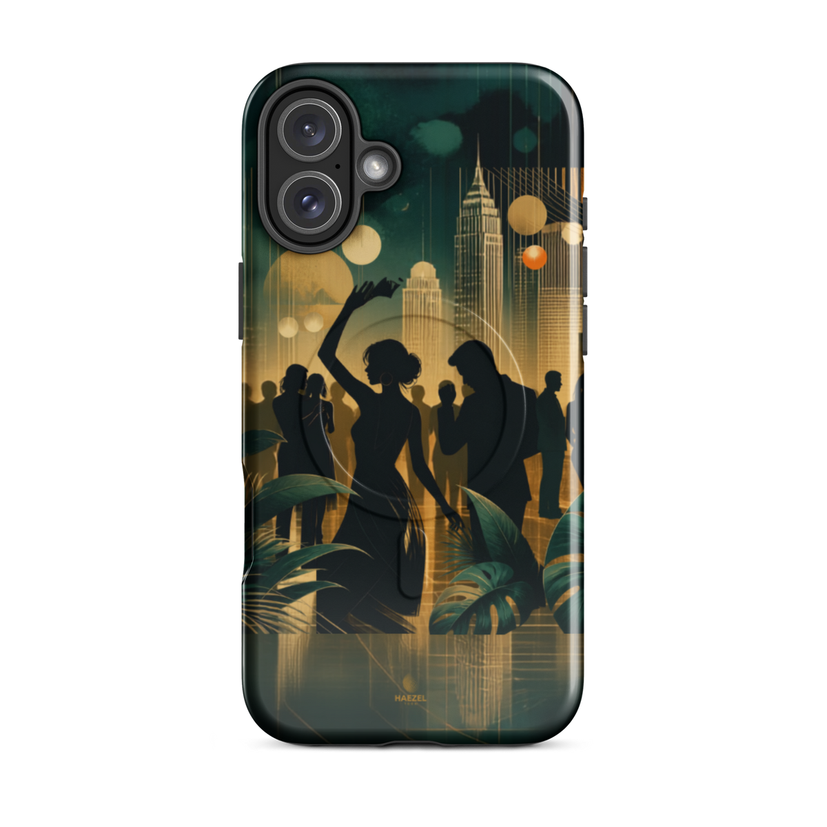 The Speakeasy iPhone Case, gold art deco dancers, city skyline and palm leaves. Haezel Tech Rhythm Series, view 10