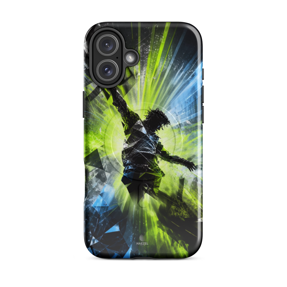 The Kinetic iPhone Case, lime dancer silhouette breaking into geometric shards. Haezel Tech Rhythm Series, view 10