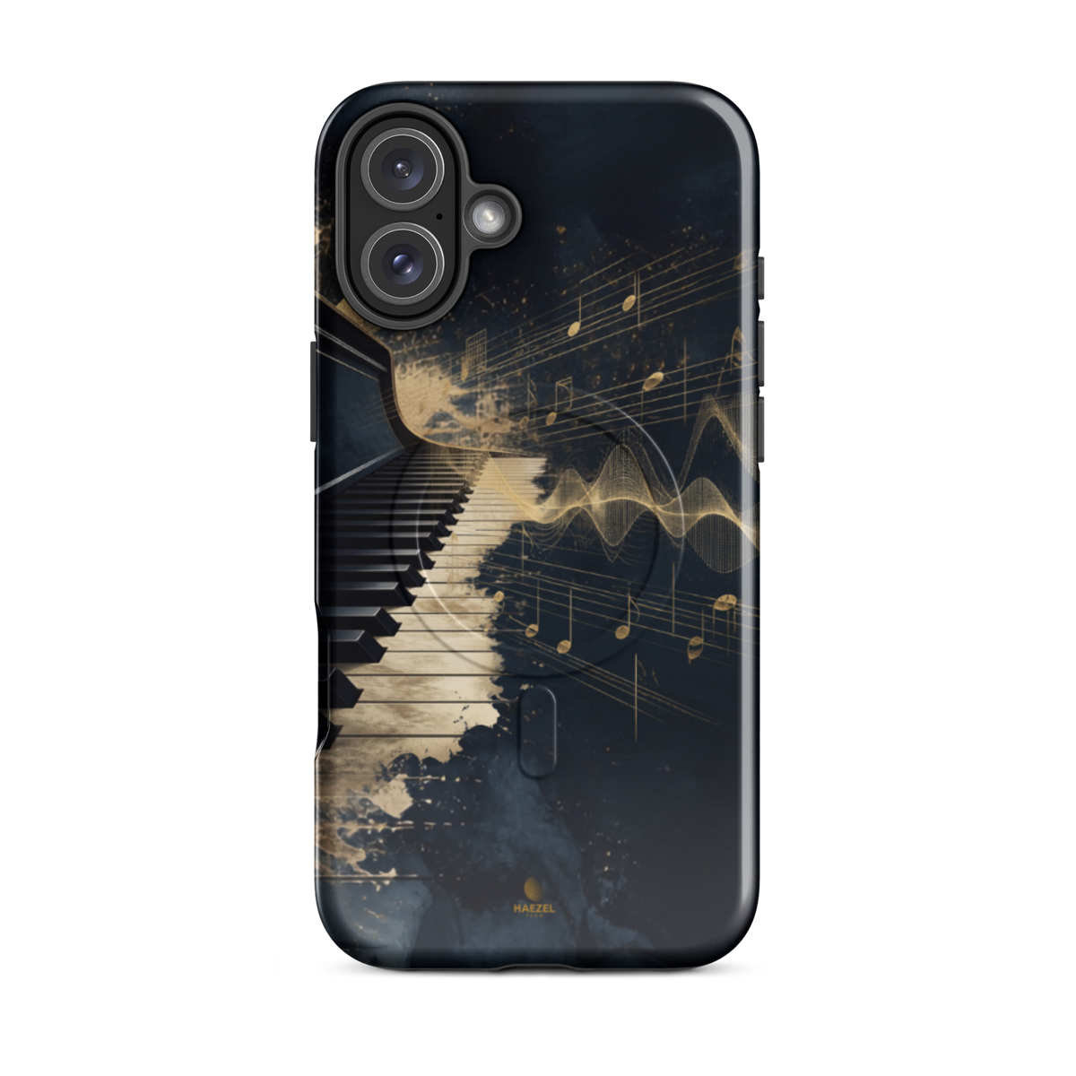 The Nocturne iPhone Case, piano keys and gold music notation on midnight navy. Haezel Tech Rhythm Series, view 10