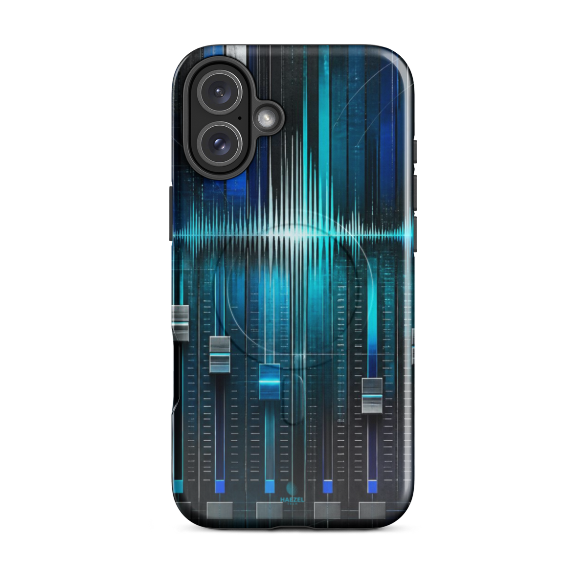 The Mixdown iPhone Case, cyan mixing desk faders and waveform peaks. Haezel Tech Rhythm Series, view 10