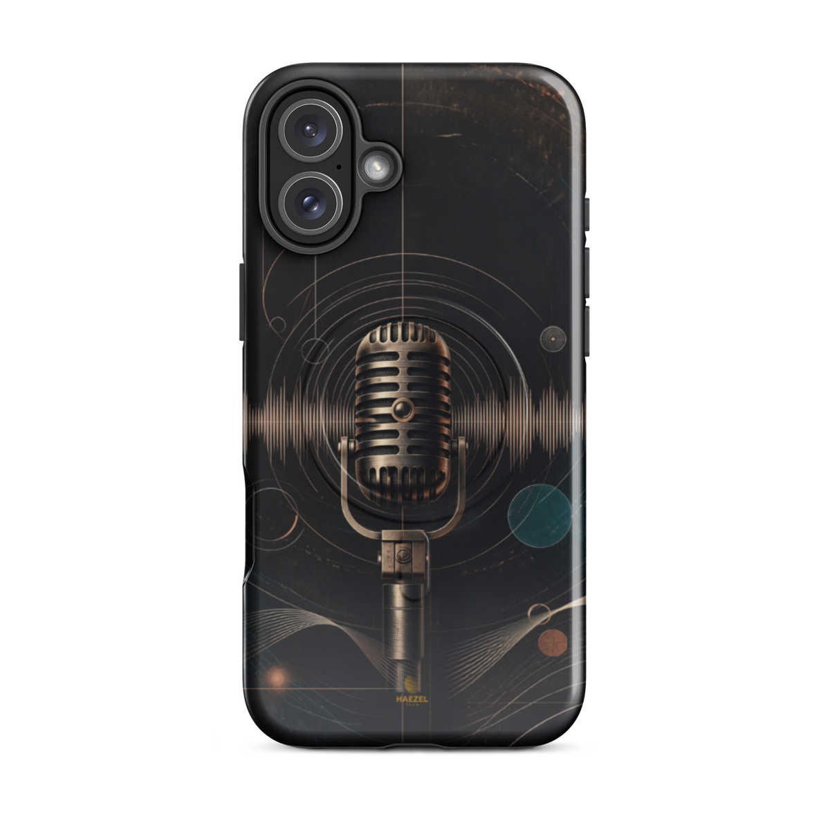 The Broadcast iPhone Case, bronze vintage microphone ringed by soundwaves. Haezel Tech Rhythm Series, view 10