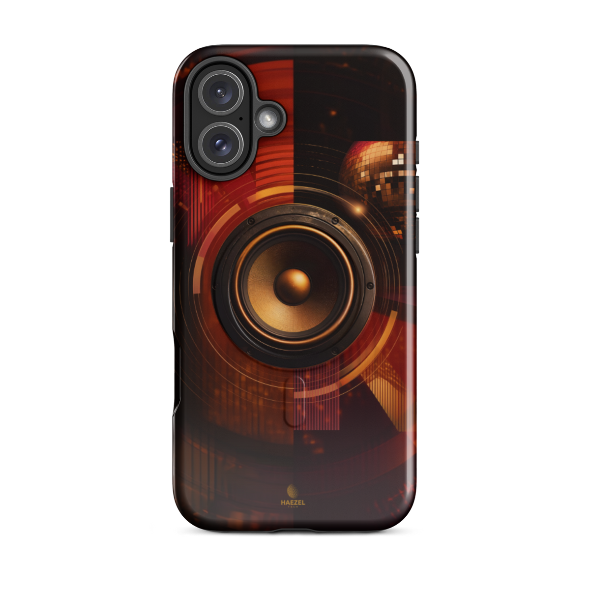 The Bassline iPhone Case, gold speaker cone split across red and black. Haezel Tech Rhythm Series, view 10