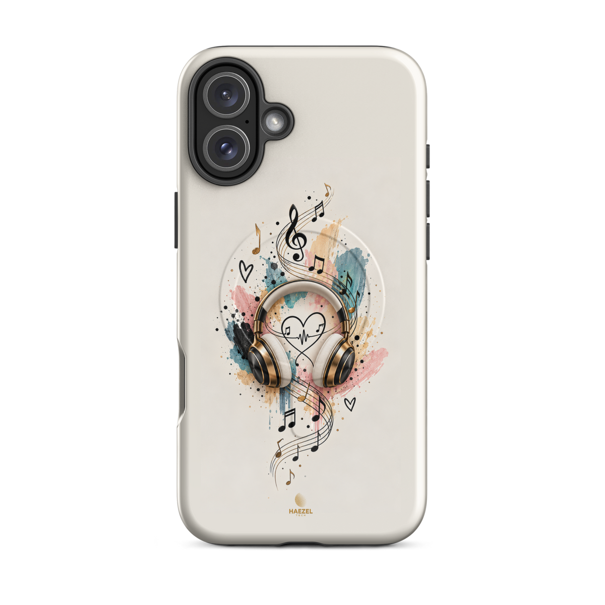 The Serenade Ivory iPhone Case, gold headphones and heartbeat in watercolour on ivory. Haezel Tech Rhythm Series, view 10
