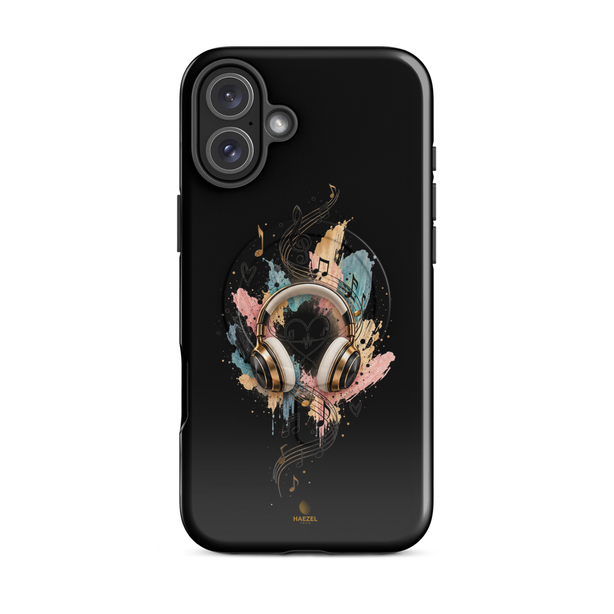 The Serenade Onyx iPhone Case, gold headphones and heartbeat in watercolour on black. Haezel Tech Rhythm Series, view 10