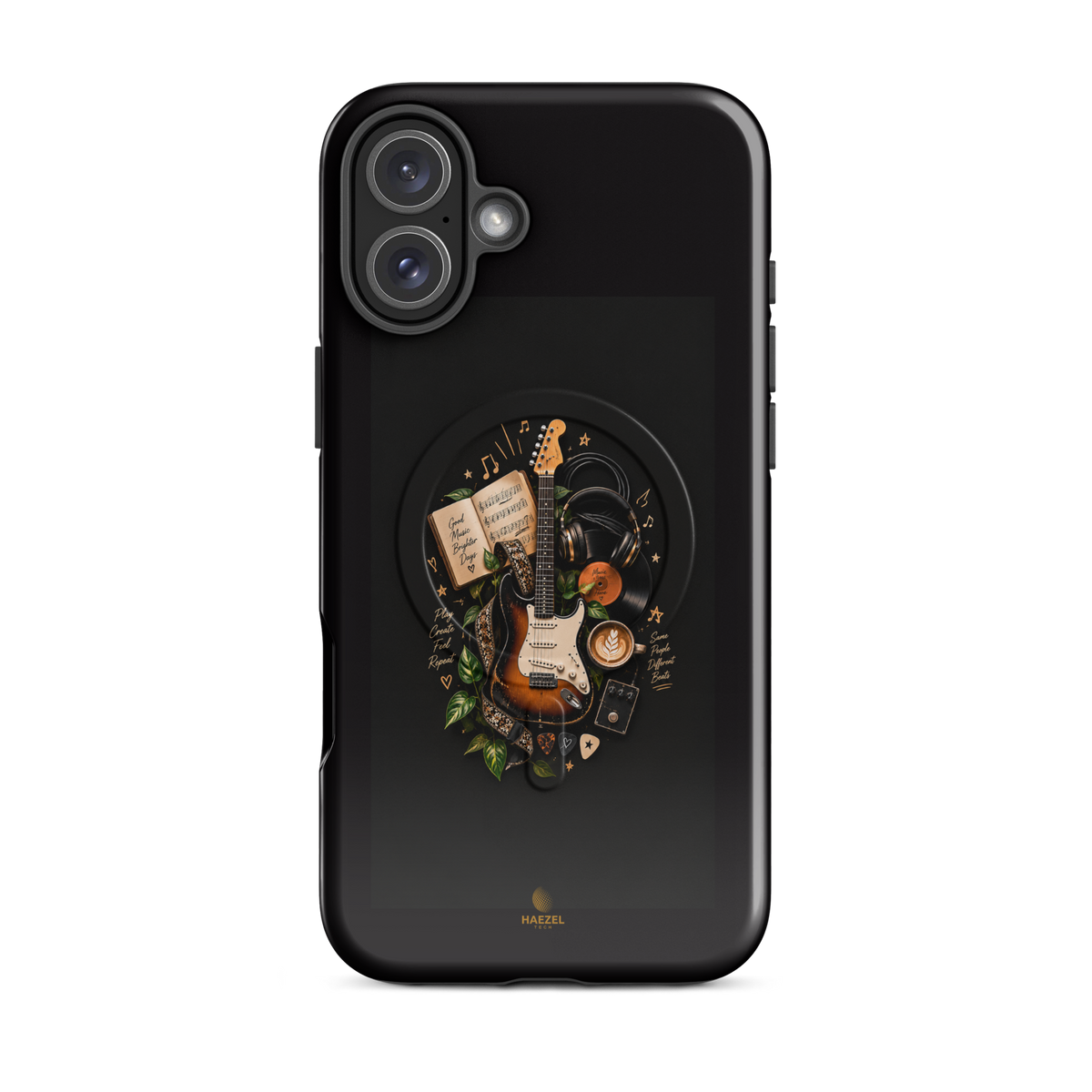 The Songbook iPhone Case, sunburst guitar and open songbook on black. Haezel Tech Rhythm Series, view 10
