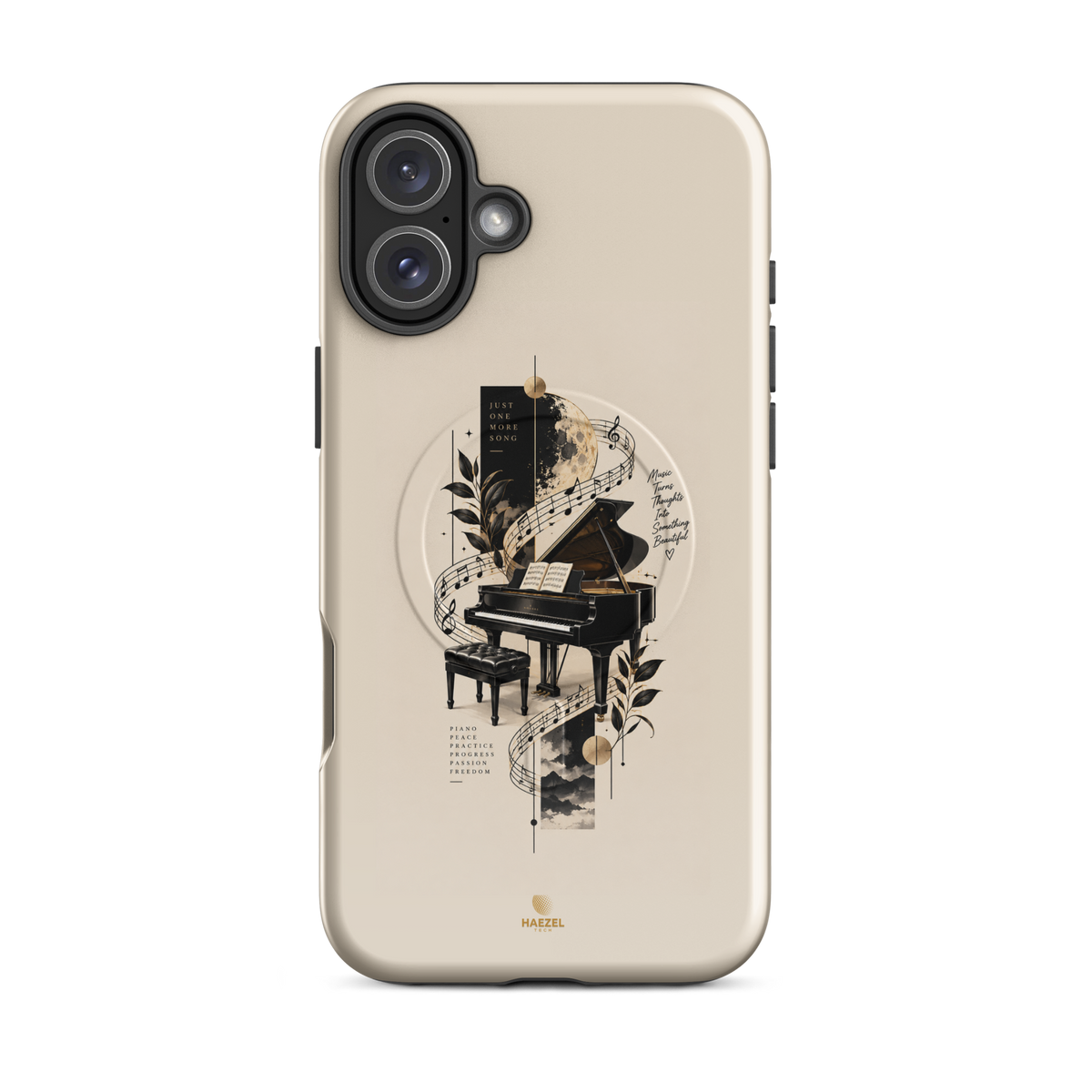 The Recital iPhone Case, grand piano and sheet music under a full moon on ivory. Haezel Tech Rhythm Series, view 10