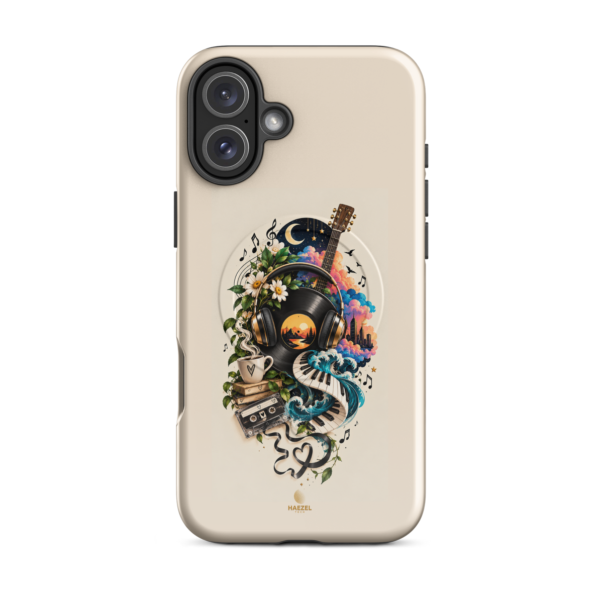 The Playlist iPhone Case, vinyl, headphones, guitar and cassette collage on ivory. Haezel Tech Rhythm Series, view 10