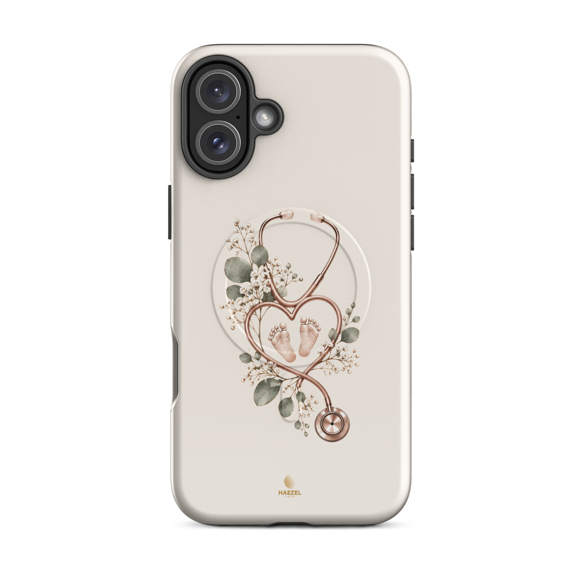 The Midwife Ivory iPhone Case, stethoscope heart with tiny baby feet on ivory. Haezel Tech Healer Series, view 10