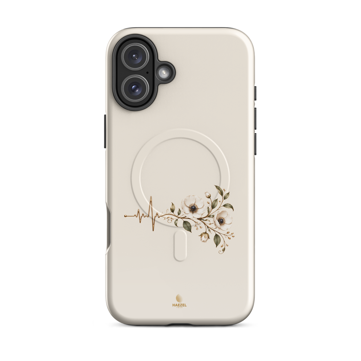 The Heartbeat iPhone Case, gold heartbeat line flowing into flowers on ivory. Haezel Tech Healer Series, view 10