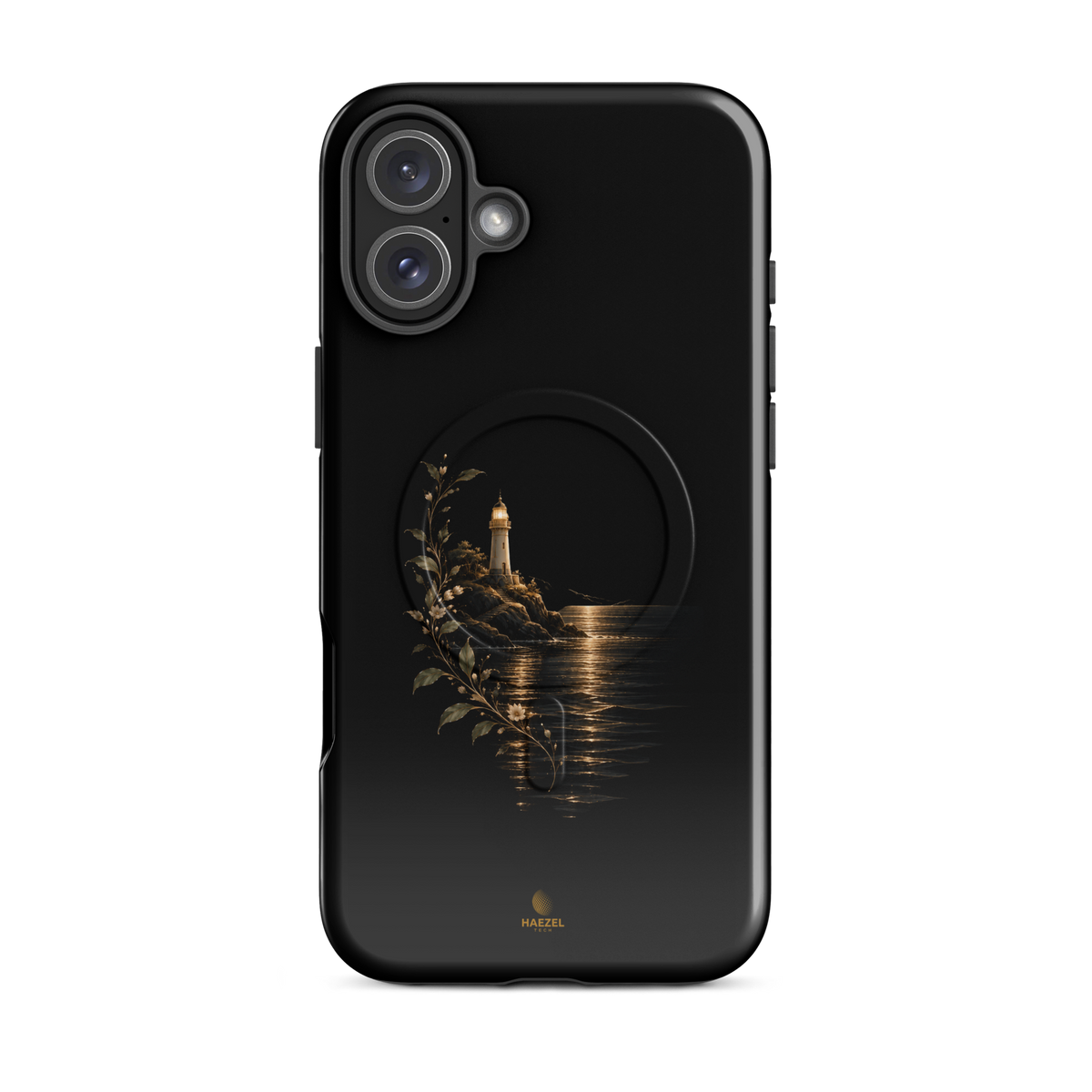 The Lighthouse iPhone Case, lighthouse glowing over still water with gold flowers on black. Haezel Tech Healer Series, view 10
