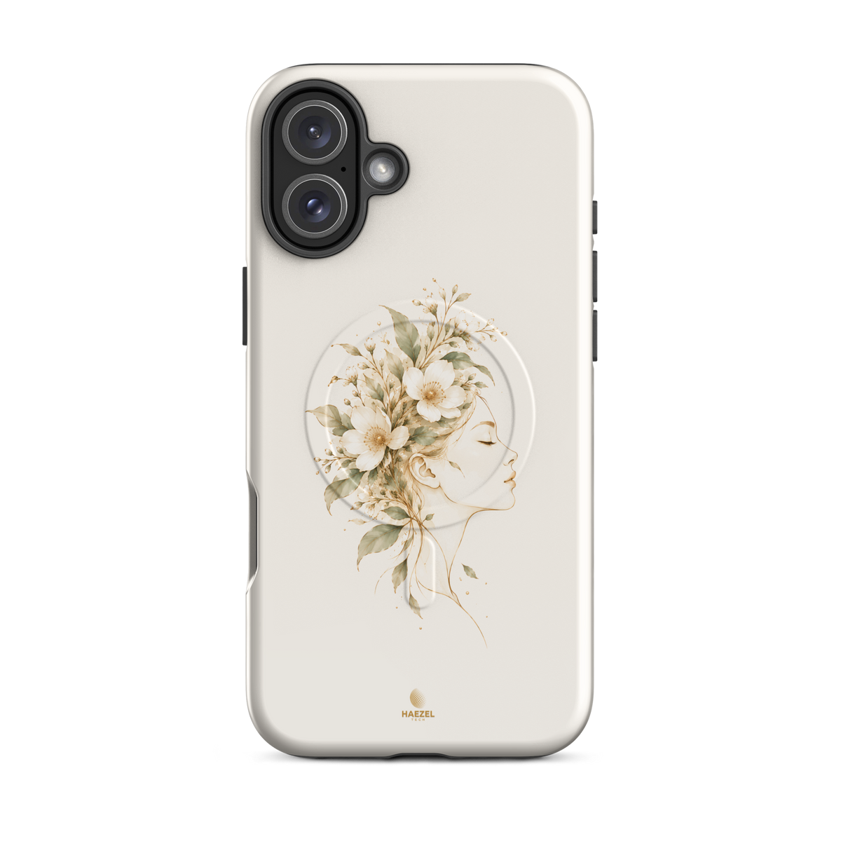 The Blooming Mind Ivory iPhone Case, woman's profile with flowers blooming from her mind on ivory. Haezel Tech Healer Series, view 10