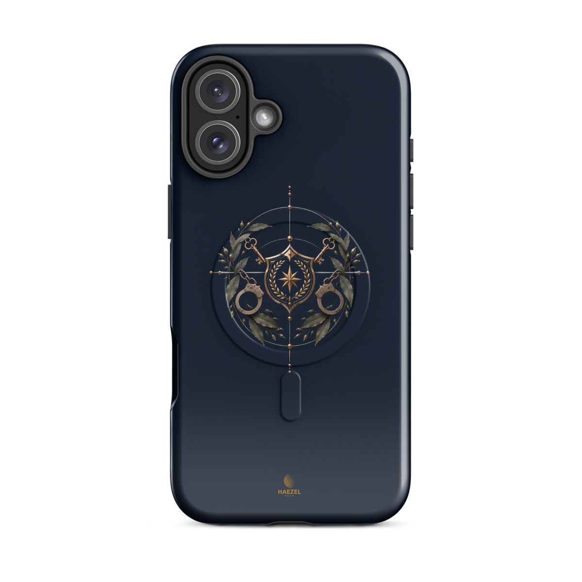 The Watch iPhone Case, gold shield with crossed keys and laurel wreath on navy. Haezel Tech Guardian Series, view 10
