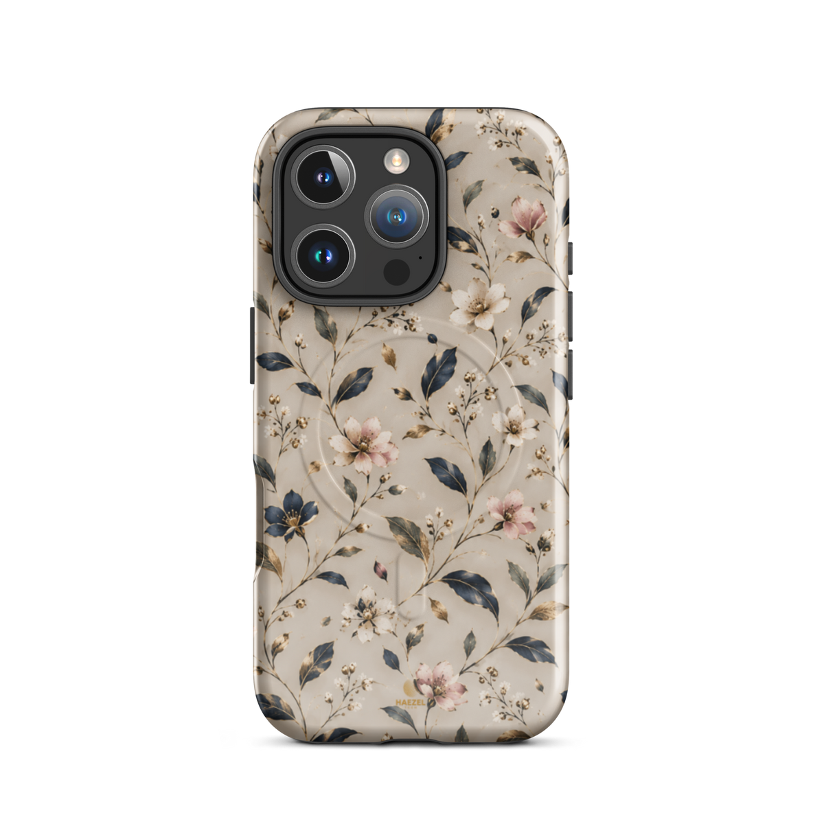The Blossom iPhone Case by Haezel Tech — delicate pink and white blossom on ivory with navy leaves
