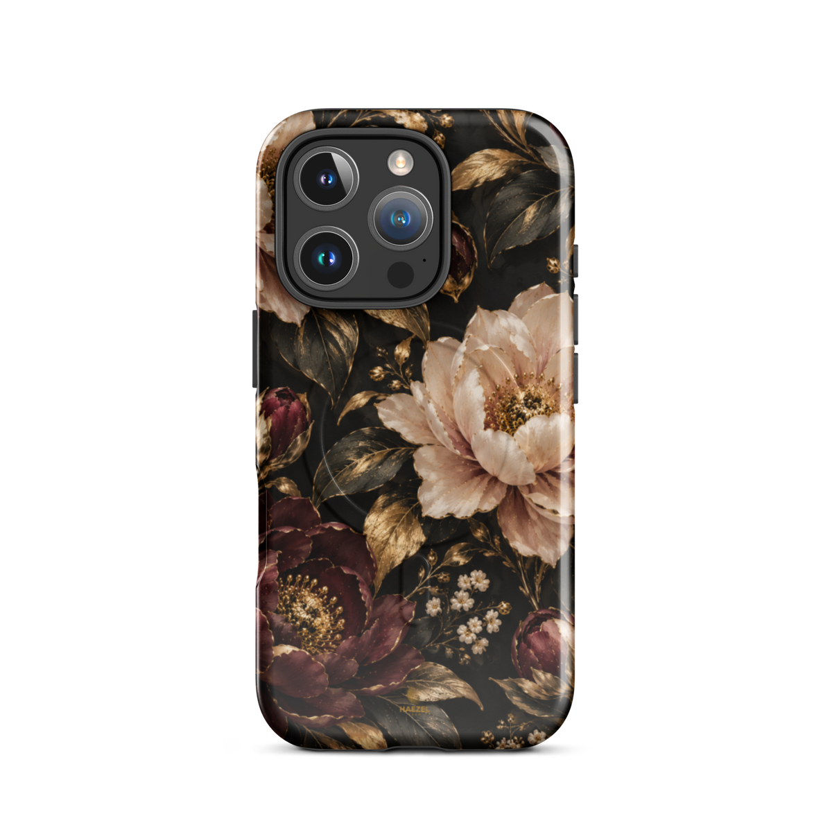 The Peony iPhone Case by Haezel Tech — blush and burgundy peonies with gold foliage on black