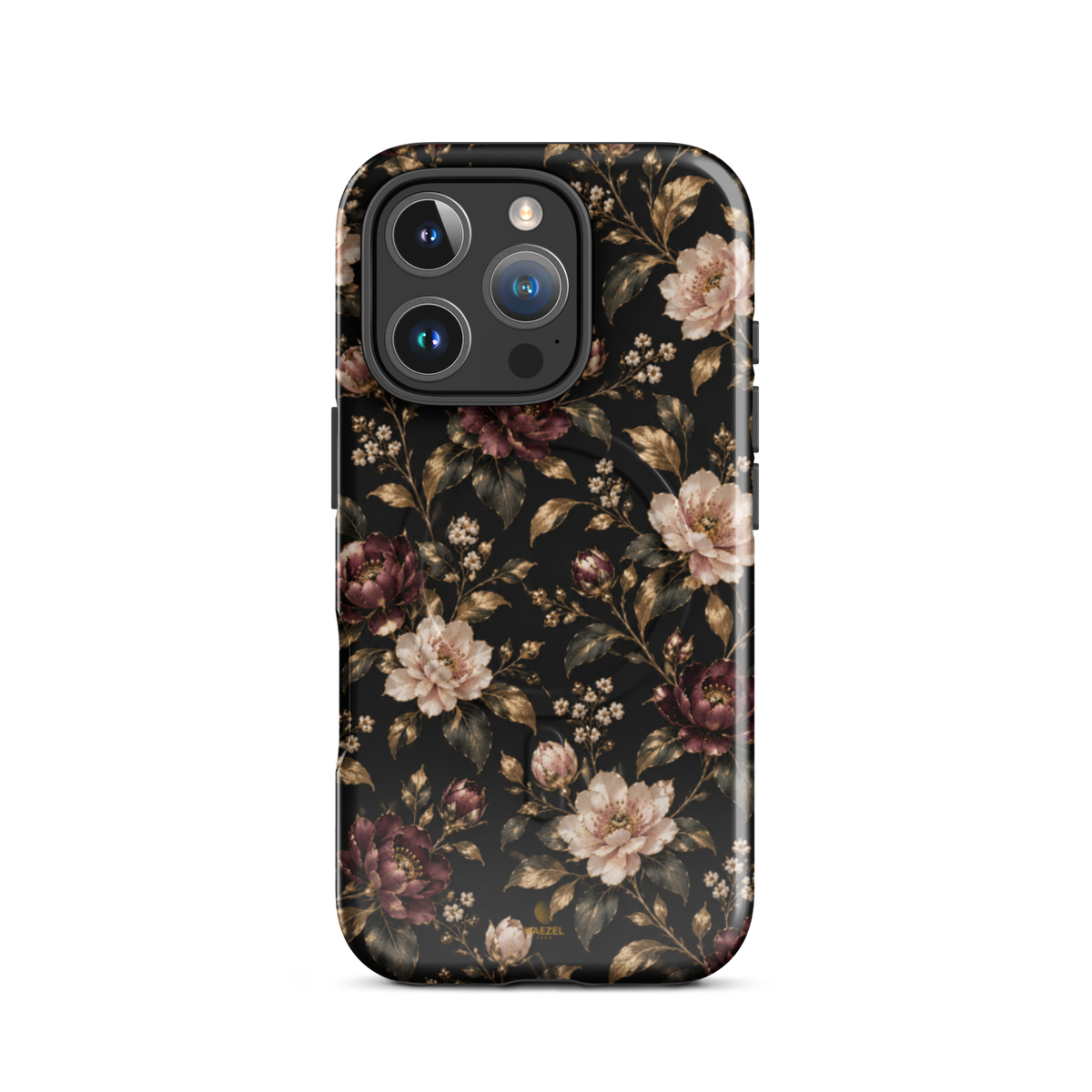 The Rosewood iPhone Case by Haezel Tech — dusky rose and burgundy florals with gold leaves on black
