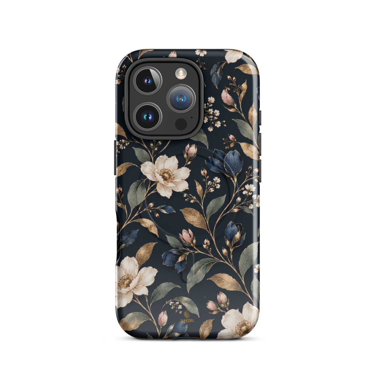 The Camellia iPhone Case by Haezel Tech — ivory camellias and gold leaves on deep navy