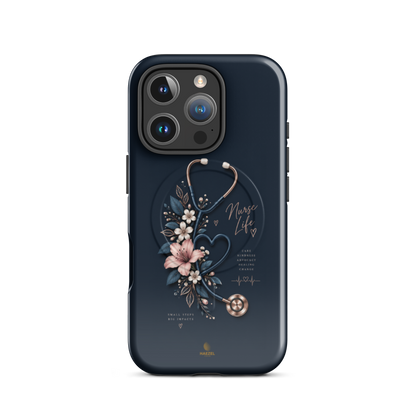 The Pledge iPhone Case, rose-gold stethoscope and lilies on navy. Haezel Tech Healer Series, view 11