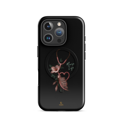 The Devotion Onyx iPhone Case, rose stethoscope heart on black. Haezel Tech Healer Series, view 11