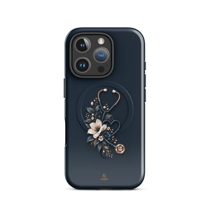 The Grace iPhone Case, anemones and rose-gold stethoscope on navy. Haezel Tech Healer Series, view 11