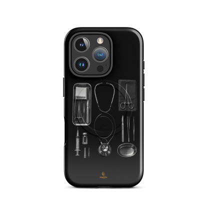 The Theatre iPhone Case, silver surgical instrument tray on black. Haezel Tech Healer Series, view 11