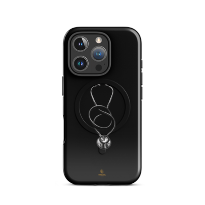 The Oath iPhone Case, single silver stethoscope on black. Haezel Tech Healer Series, view 11