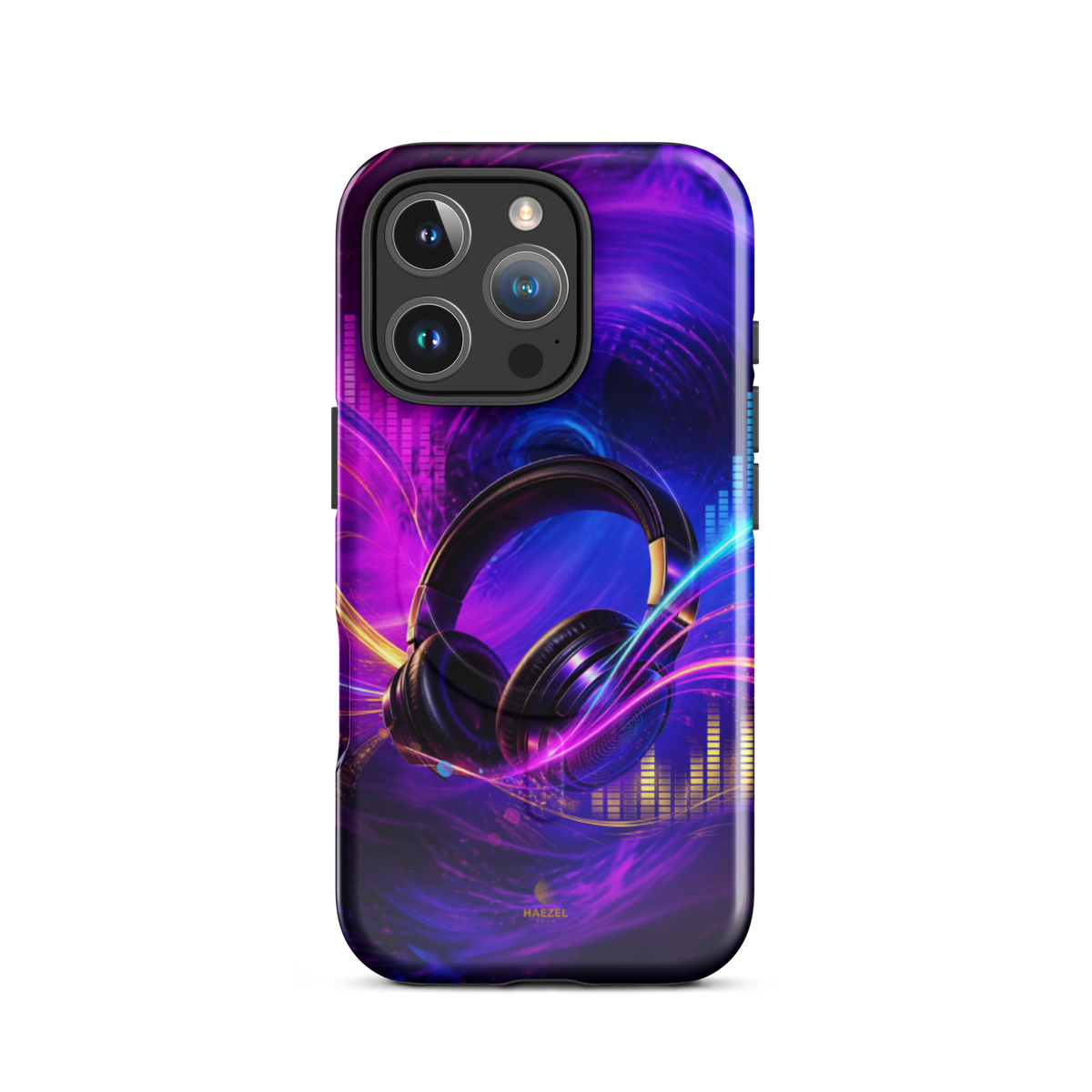 The Frequency iPhone Case, studio headphones on a neon equaliser swirl. Haezel Tech Rhythm Series, view 11