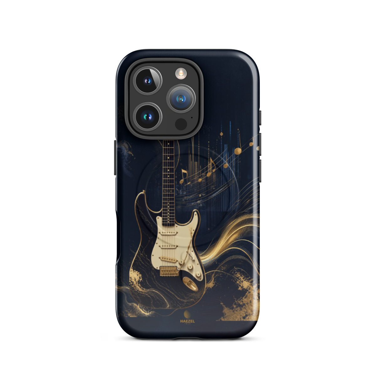 The Headliner iPhone Case, cream and gold electric guitar on navy. Haezel Tech Rhythm Series, view 11
