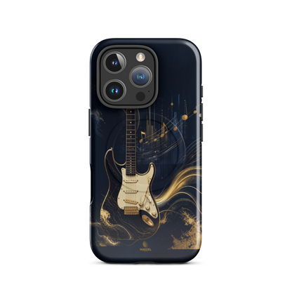 The Headliner iPhone Case, cream and gold electric guitar on navy. Haezel Tech Rhythm Series, view 11