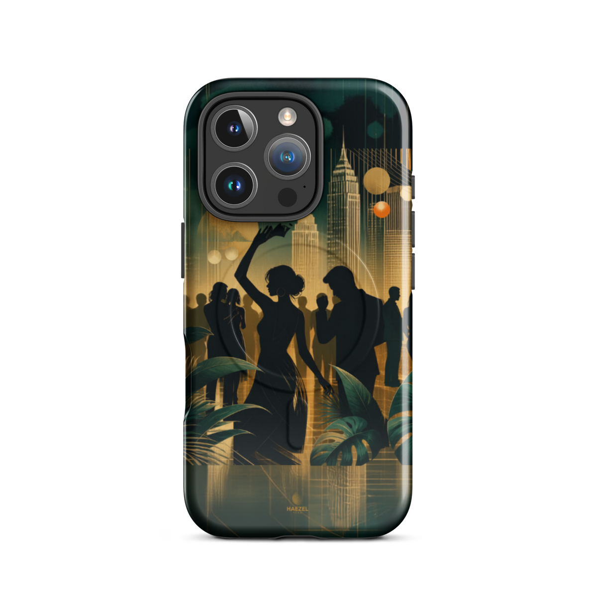 The Speakeasy iPhone Case, gold art deco dancers, city skyline and palm leaves. Haezel Tech Rhythm Series, view 11